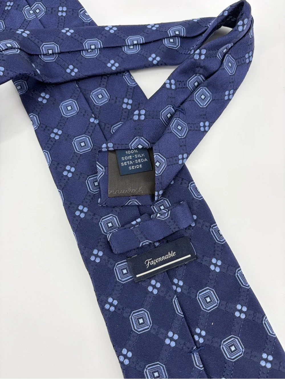 Faconnable Tie Necktie 100% Silk Mens Navy & Light‎ Blue Geometric Pattern